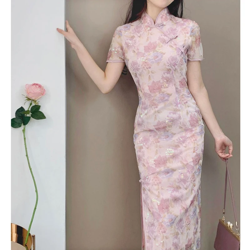 Beautiful Fairy Retro Gentle -Fit Sexy Mesh Sequins Improved Cheongsam White Short Sleeve Dress