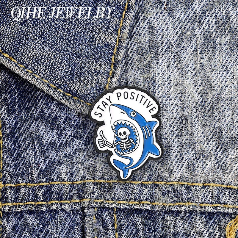 Stay Positive Skeleton In Shark Mouth Enamel Pins Dark Humor Shark Skeleton Thumb Up Brooch Bag Lapel Badge Funny Jewelry Gifts
