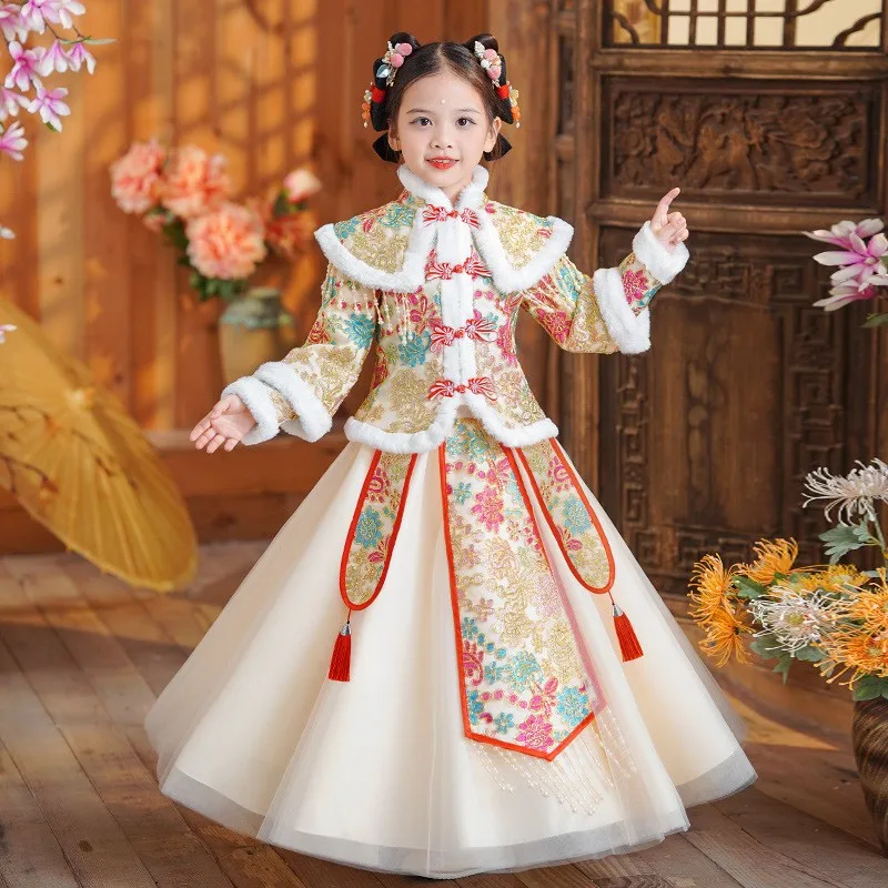 

Red Chinese Tradition Wedding Flower Girl Dress Winter Warm Hanfu Girls Thick Dress New Year Clothing Kids Tang Suit Stage Dress