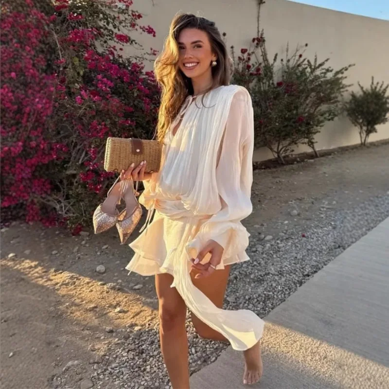 

Шифоновое платье с длинными рукавами, новое летнее короткое платье с рукавами-фонариками на шнуровке, платье с рюшами по краям