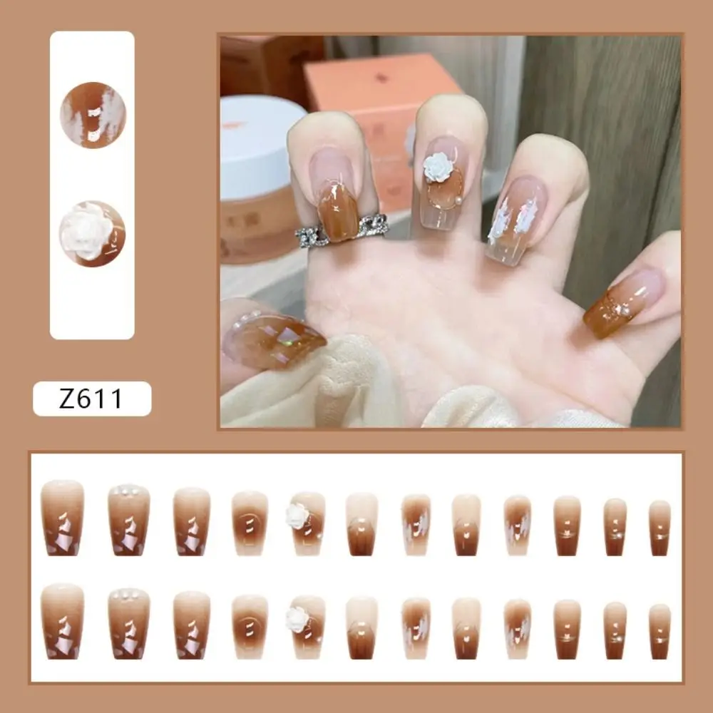 24pcs Detachable Manicure Full Cover French Crystal Press on Nails Glitter Foil Fake Nails Long French Ballerina