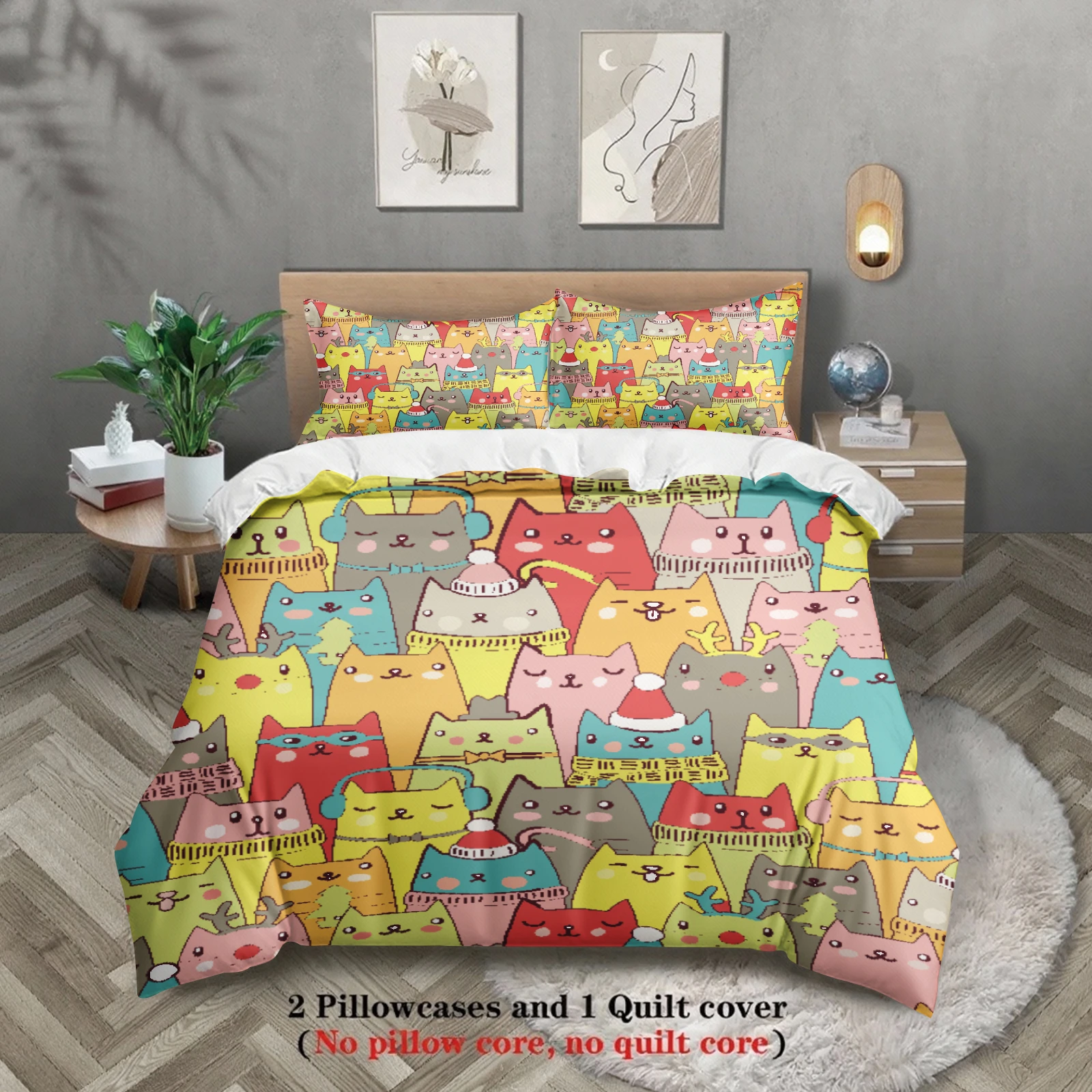 3pcs Colorful Cats Duvet Cover Cartoon Cat Pattern 3DPrint Gifts For Students Girls 100%Polyester Bedding Sets With 2Pillowcases