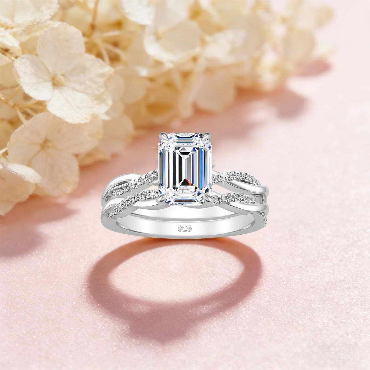 3ct Emerald Cut D Color Moissanite Halo Bridal Ring Set Wedding Band 925 Silver Rings for Women Fine Jewelry