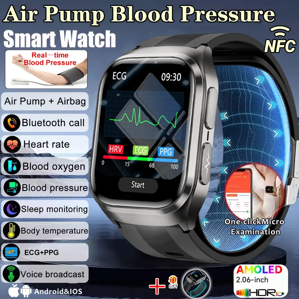 NUOVO Vetro Zaffiro AMOLED Acido Urico Astuto Della Vigilanza Degli Uomini ECG Ossigeno Nel Sangue Lipidi nel Sangue BP Pompa di Aria Sport Salute Track Astuto Della Vigilanza NFC
