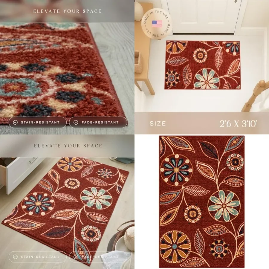 

Reggie Floral Kitchen Rug - Made in USA - Washable, Non Slip Indoor Carpet for Entryway, Foyer, Kitchen, and Bathroom, 6 3'10
