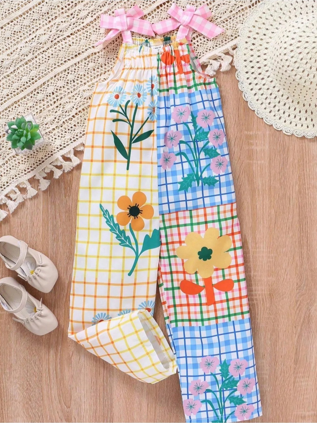Leisure girls' summer plaid flower color blocked bow wide leg pants, overalls, pants jumpsuit, children's clothing