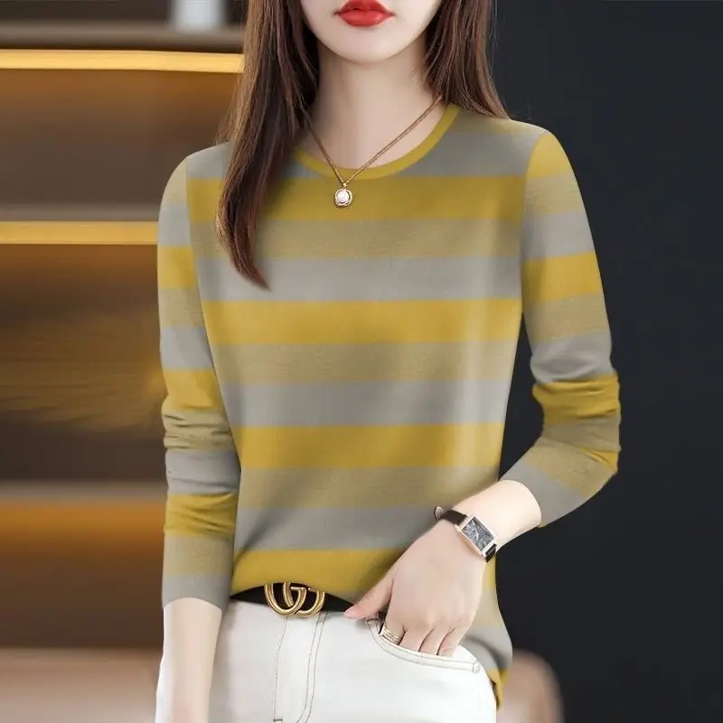 

High-End Striped Long Sleeve T-Shirt Women's Casual Wear Belly Covering Slimming Mommy Clothes Middle-Aged Leisure Fashion