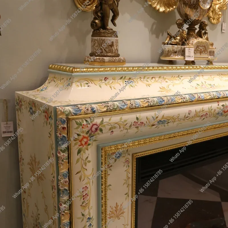 FD Xx French Luxury Hand-painted Decorative Cabinet Design 1.85 Meters Solid Wood White Fireplace European Heater O