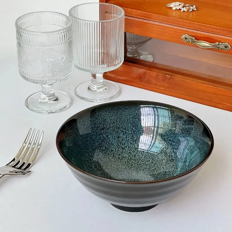 

Chinese style retro green ceramic household noodle bowl specialty ramen bowl dish bowl commercial