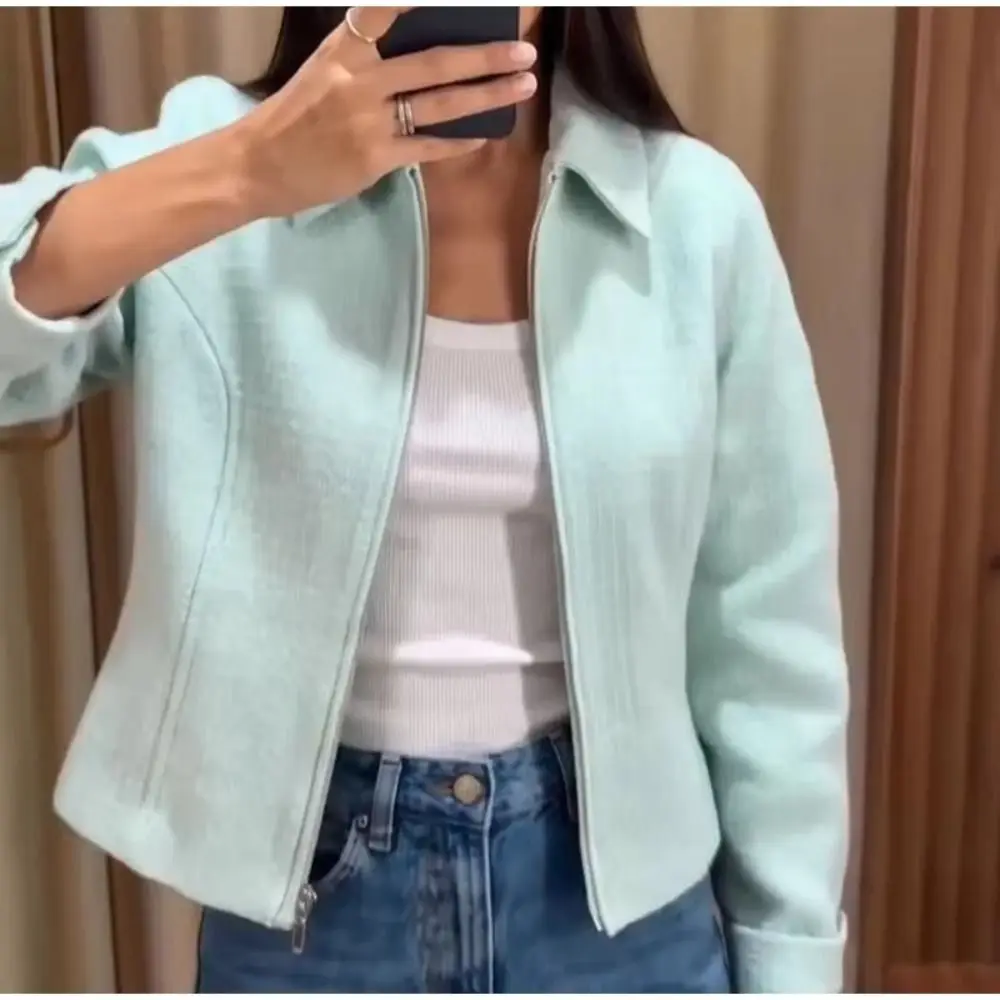 Textured Finish Cropped Jacket Zip Front Turn-Down Collar Zip Front Jacket Relaxed Fit Cropped Silhouette Textured Jacket