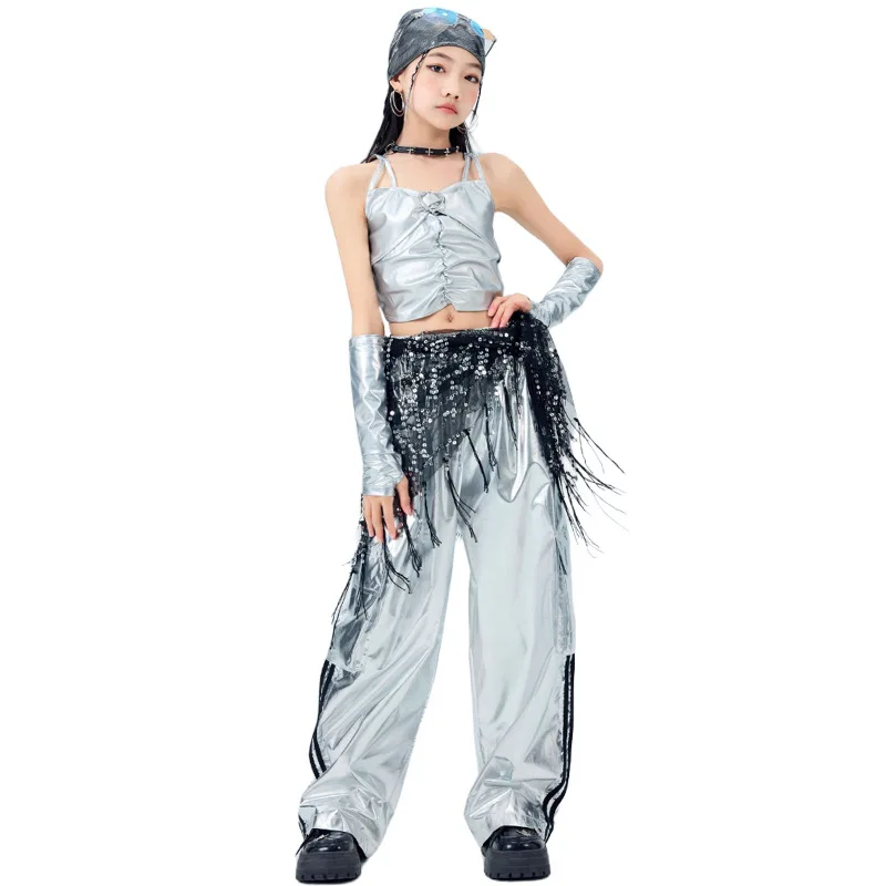 Girls K-pop Laser Crop Top Girdle Silver Cargo Pants Street Dance Kids Hip Hop Shiny Streetwear Child Jazz Costumes Clothes Sets