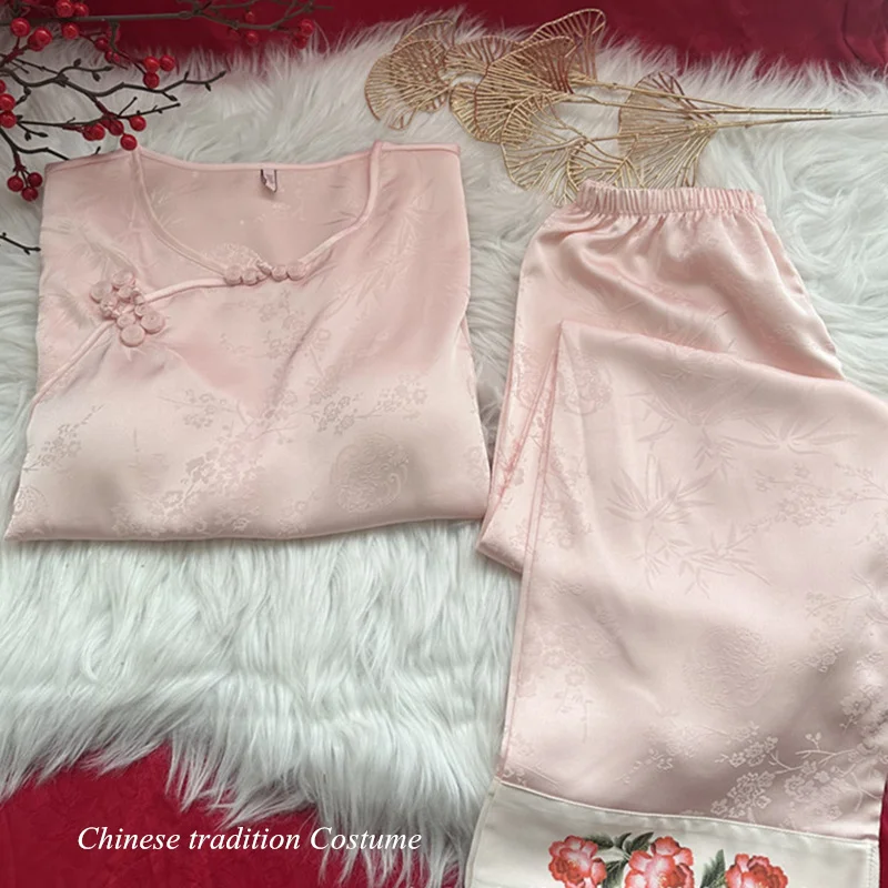 Chinese Style Pajamas Set Female Homewear Vintage Button Down Sleepwear Long Sleeve Shirt&pants 2Pcs Trousers Suit Loungewear