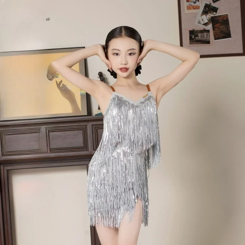 Dancing Dresses Skirt Kids Fringe Children Professional Latin Dance Dress