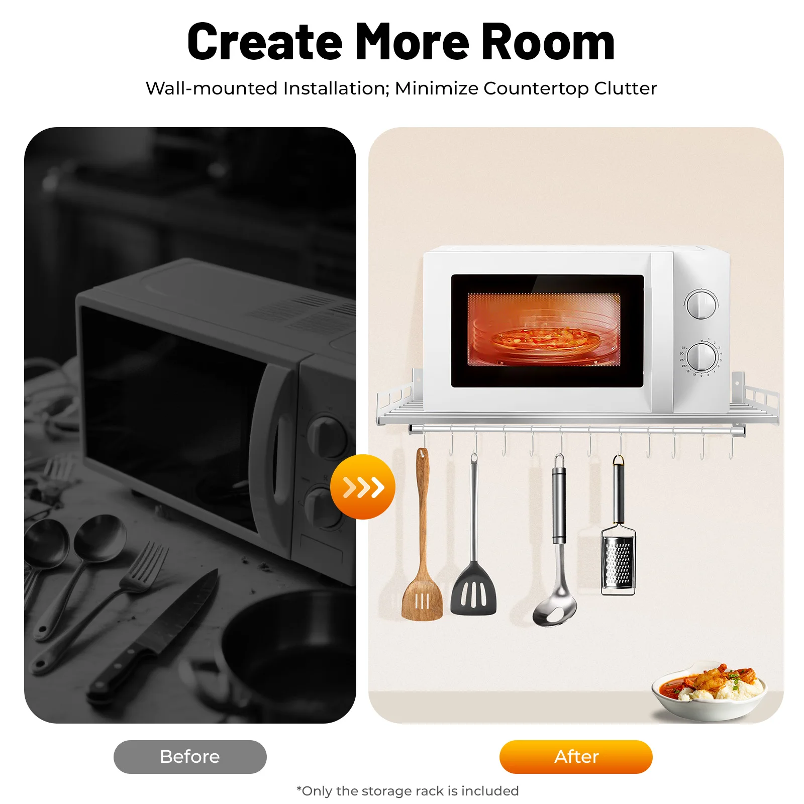 رف ميكروويف من الفولاذ المقاوم للصدأ على الحائط، رف تخزين المطبخ بوزن 18 كجم مع خطافات للاستخدام المنزلي التجاري #4