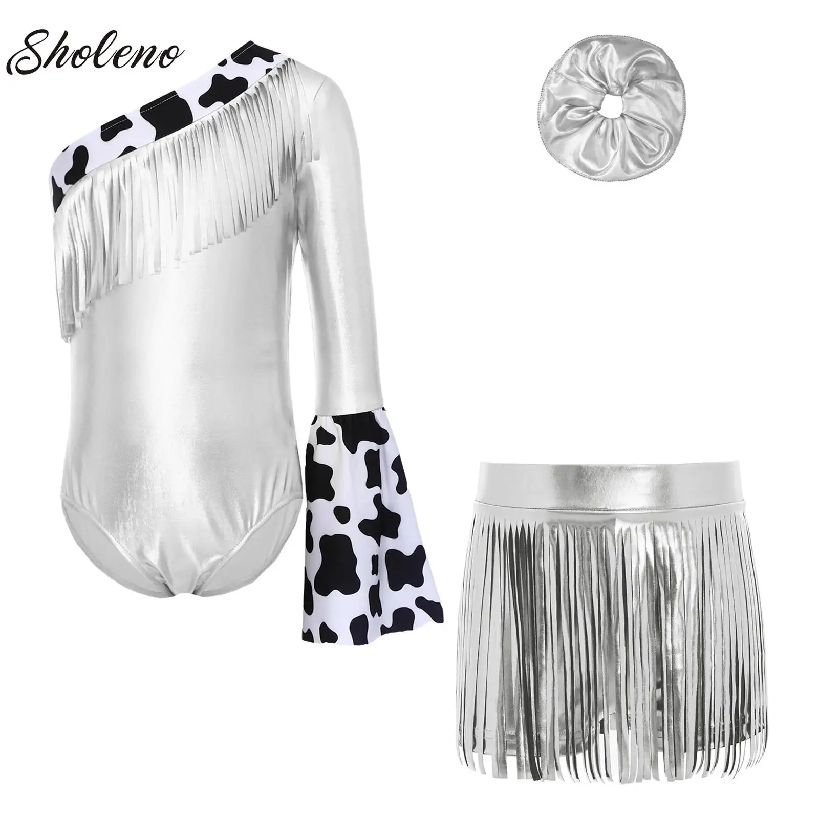 

Girls Latin Jazz Dancewear Metallic Glossy Flare Sleeve Jumpsuit Bodysuit with Fringed Shorts Set Western Cowgirl Costume Outfit