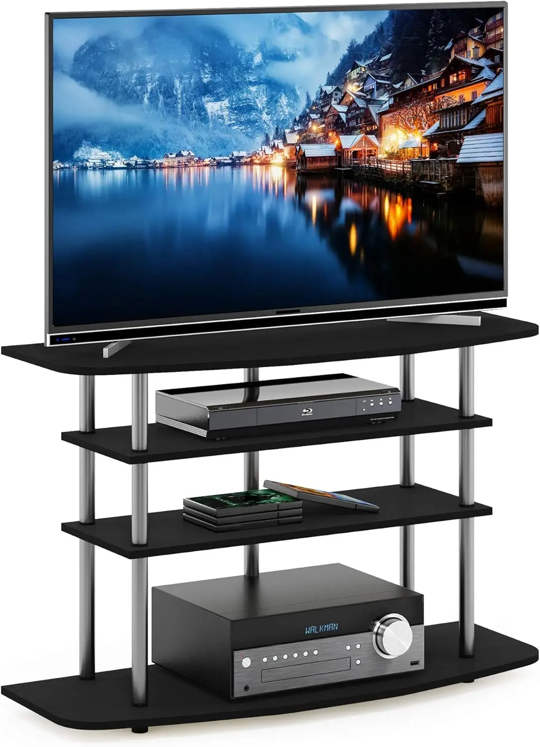 4-Tier TV Stand for TVs up to 43 Inch, Black Oak Finish, Sturdy and Space-Saving Design