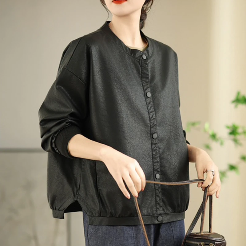 Kurtki damskie ze sztucznej skóry w stylu koreańskim na jesień, luźne, codzienne, klasyczne, eleganckie płaszcze PU, vintage wiatrówki.