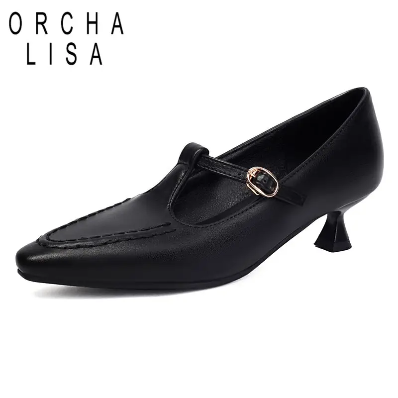 ORCHALISA Brand Office Lady Mary Janes Pumps Pointed Toe Small Heel 4cm Buckle Strap Big Size 41 42 43 Vintage Women Daily Shoes