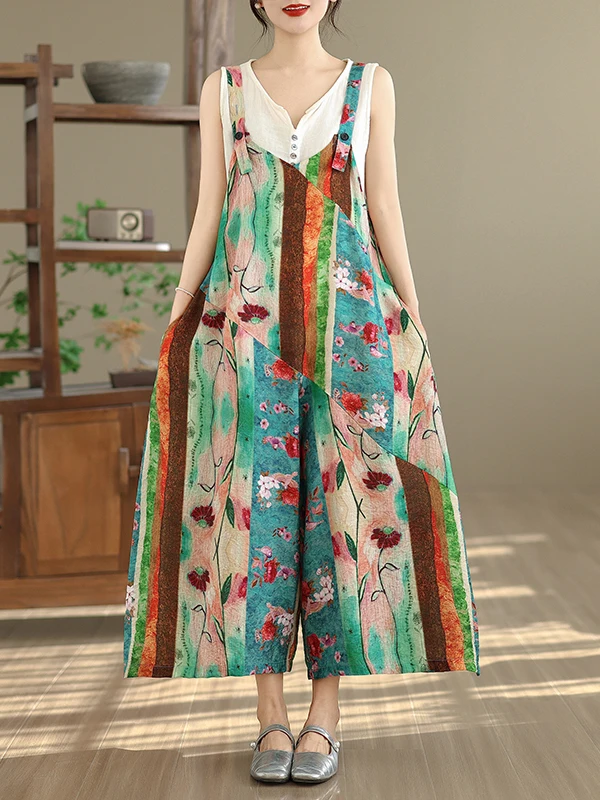 

Loose Casual V-Ne Overalls Large Size Women's Summer Vintage Slimming Personali Wide Leg Jumpsuit Faionable Casual Pants