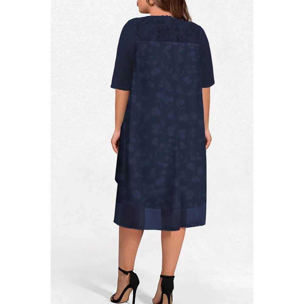 Plus Size Casual Navy Blue Chiffon Lace Floral Print 2 in 1 Midi Dress with Soft Cover Up