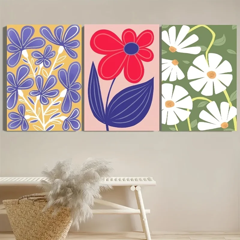 2D Flat, 2D Flat, Set of 3pcs Wall Art Posters, Available Or Unframed, Featuring Nordic Style Floral Designs. These Modern Mi