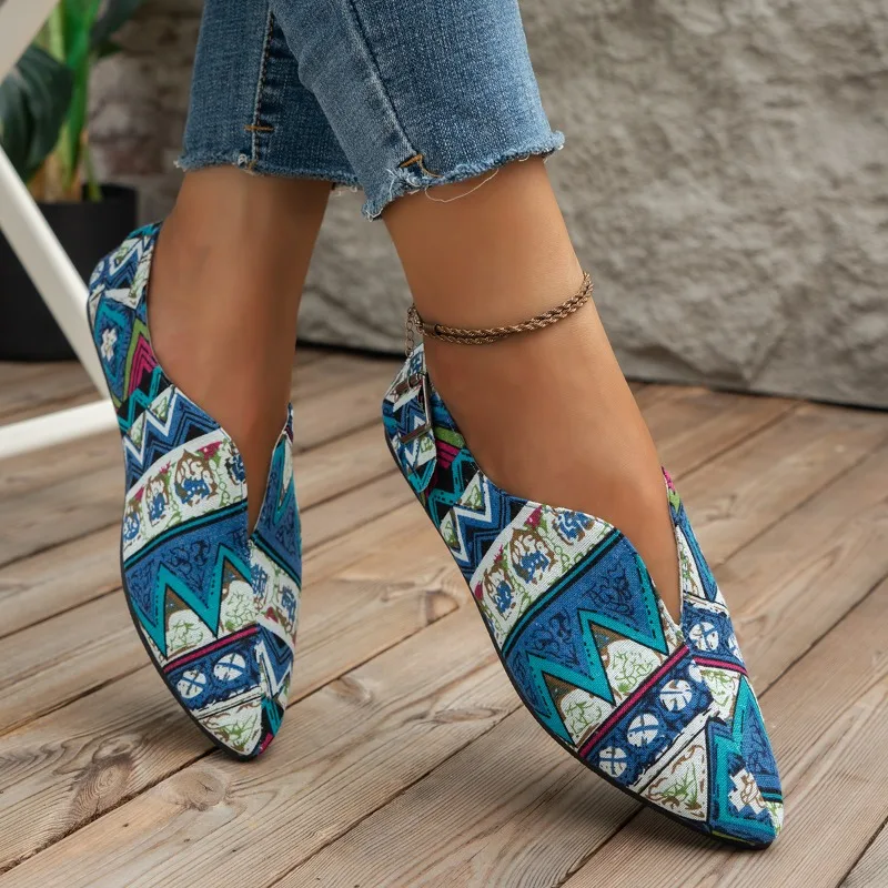 Women's Flat Shoes Casual Loafers 2024 Fashion Printed Color Block Pointed Toe Canvas Sports Shoes for Women Zapatos De Mujer