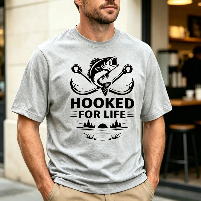 Vintage Hooked for Life Fishing Tee Unisex Light Gray Short Sleeve Angler Gift Streetwear Tshirt Y2k Top Harajuku Fsahion Cotton
