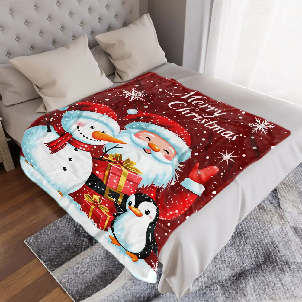 크리스마스 담요 - 눈사람, 산타클로스, 펭귄이 있는 축제 디자인, 눈송이가 있는 빨간색 배경, 크리스마스 장식, 선물에 이상적
