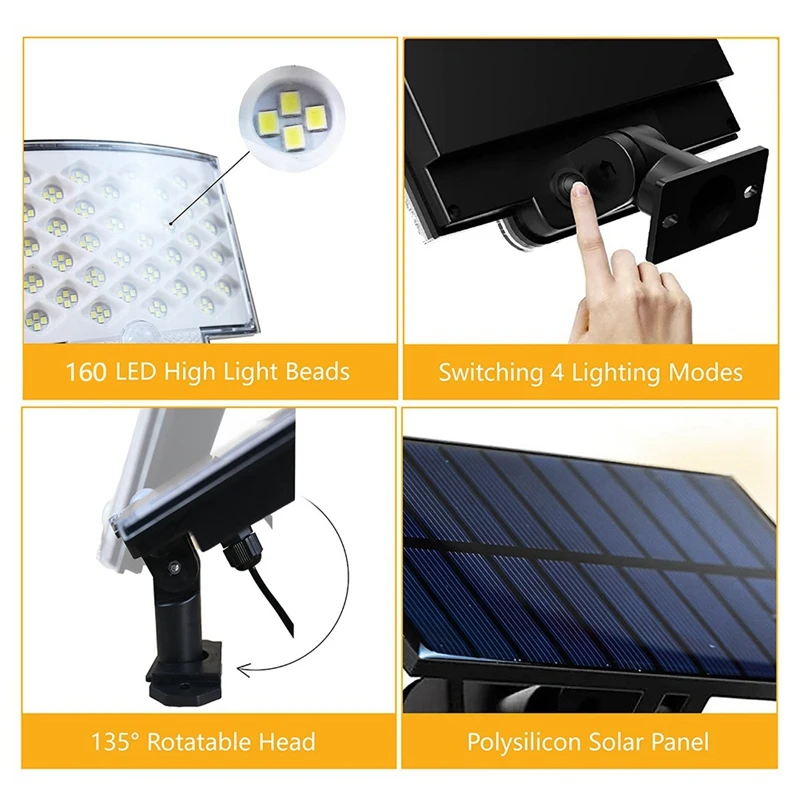 Lampu tenaga surya LED, lampu tenaga surya untuk di luar ruangan 160 Sensor gerakan tahan air 3 mode lampu bertenaga surya terpisah
