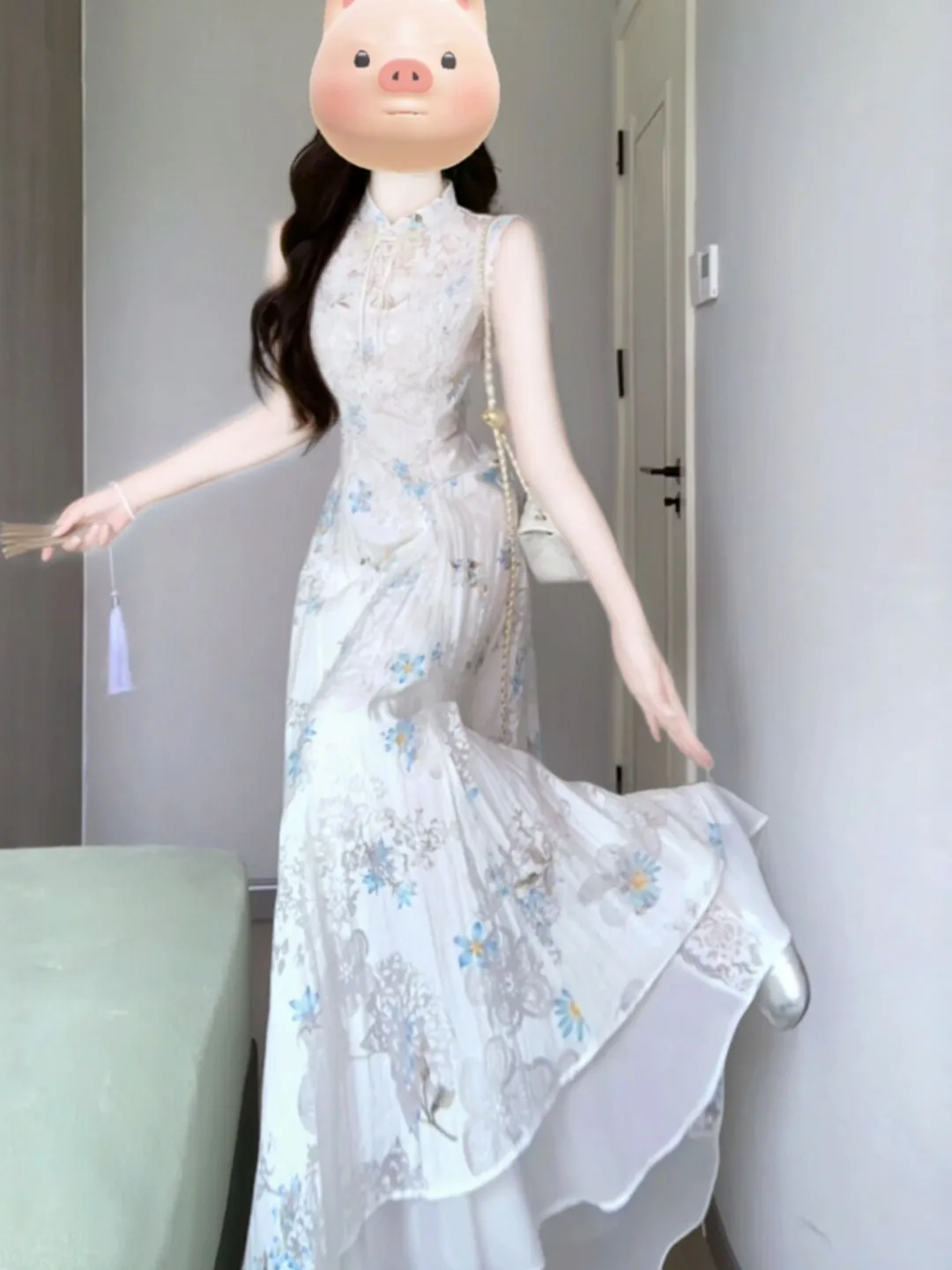 

Retro Unique Beautiful Print Slim Fit Long Skirt Gentle Style Absolutely Beautiful Strapless Dress Summer Cotton Midi Dress