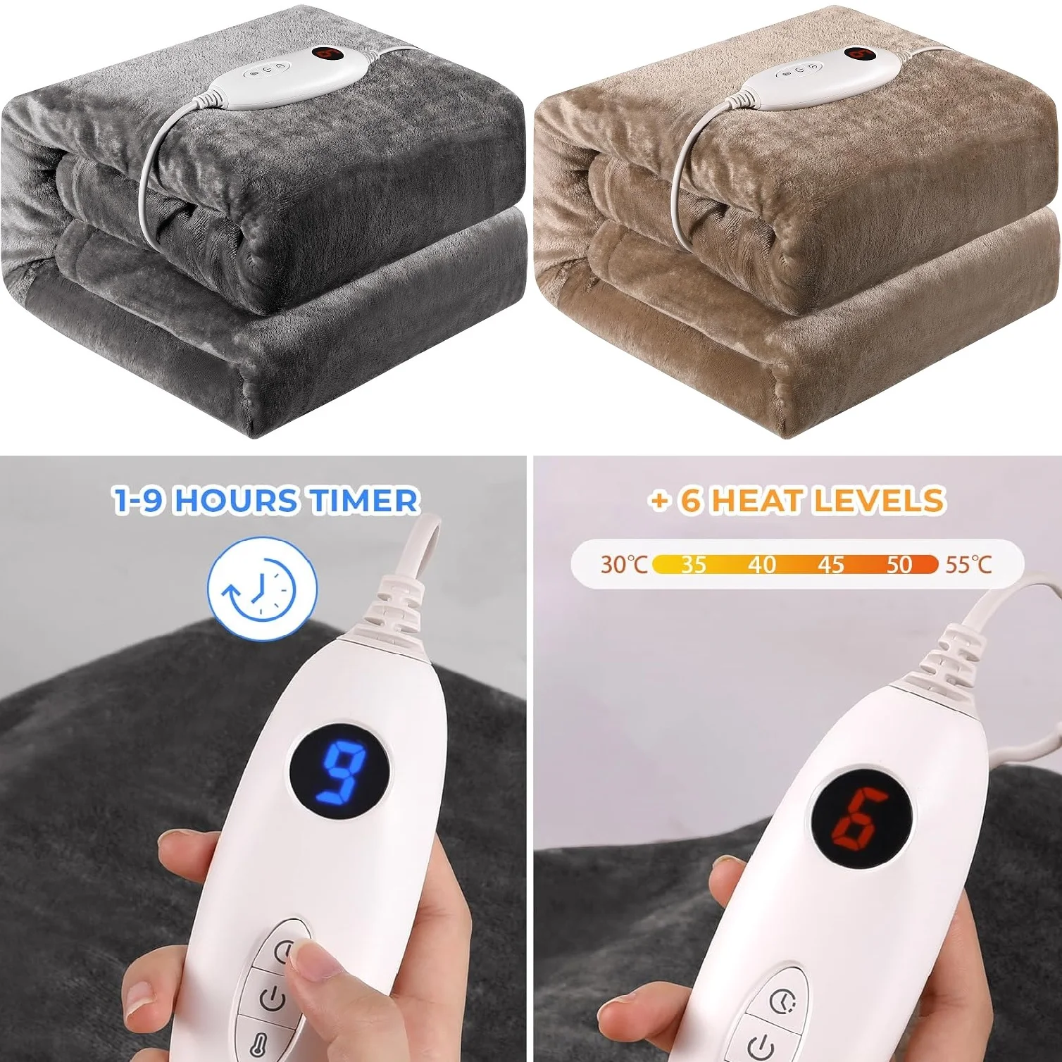 Electric Blanket, Flannel Quick Heating Blanket Blanket 1-9H Timer Overheat Protection Washable 6 Temperatures Warming Home