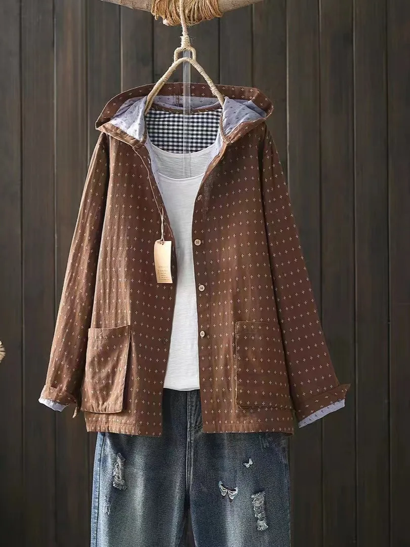 New Summer Cotton Yarn Long Sleeve Shirt Hooded Fashion Print Tops Girl Casual Loose Retro Sweet Coat 2024 Autumn T47416QM