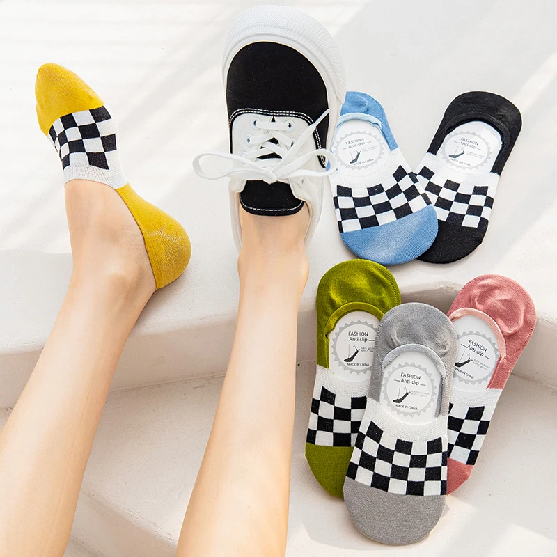 

5 Pairs Women Socks Summer Socks Comfortable Checkerboard Non-slip Silicone Invisible Socks Female Korean Casual Socks Slippers