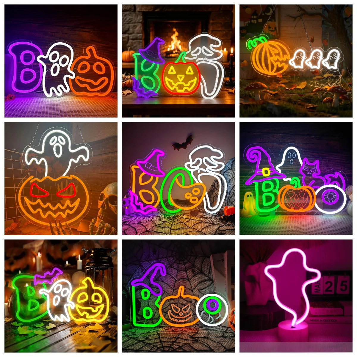 Halloween BOO Ghost Pumpkin Bat Neon Sign USB Dimmable LED Light For Halloween Party Home Window Wall Indoor Decor Holiday Gift
