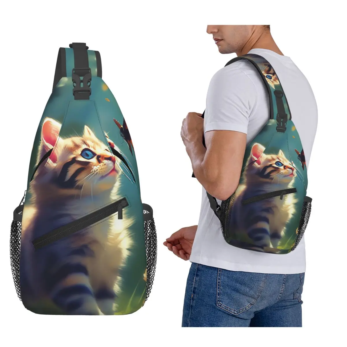 

Нагрудная сумка с изображением кота и бабочки, мужской рюкзак через плечо на слинге, нагрудная сумка, дорожный походный рюкзак, сумка на плечо