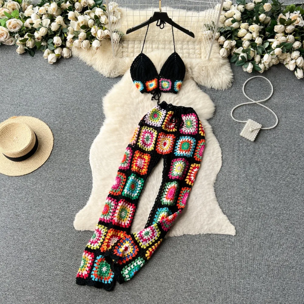 Neploe Women Summer Sweet Heavy Crochet Sling Sets Lace Up Vintage Wid Leg Pants Knit Casual All-match Hollow Out Suits Mujer