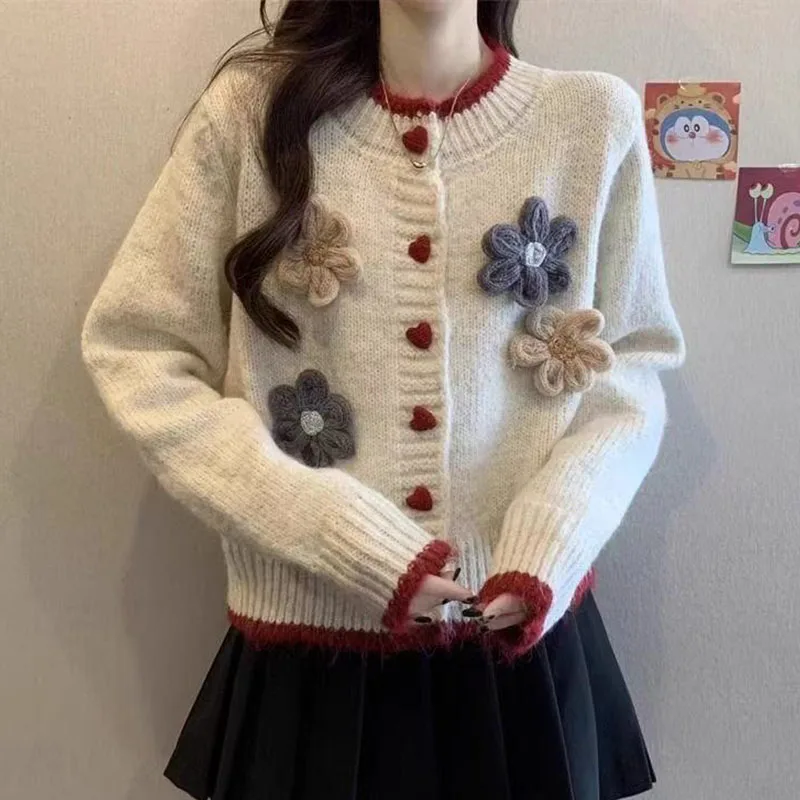 Jesienno-zimowy sweter damski z okrągłym dekoltem, dzianinowy kardigan w kwiaty, nowy temperament.