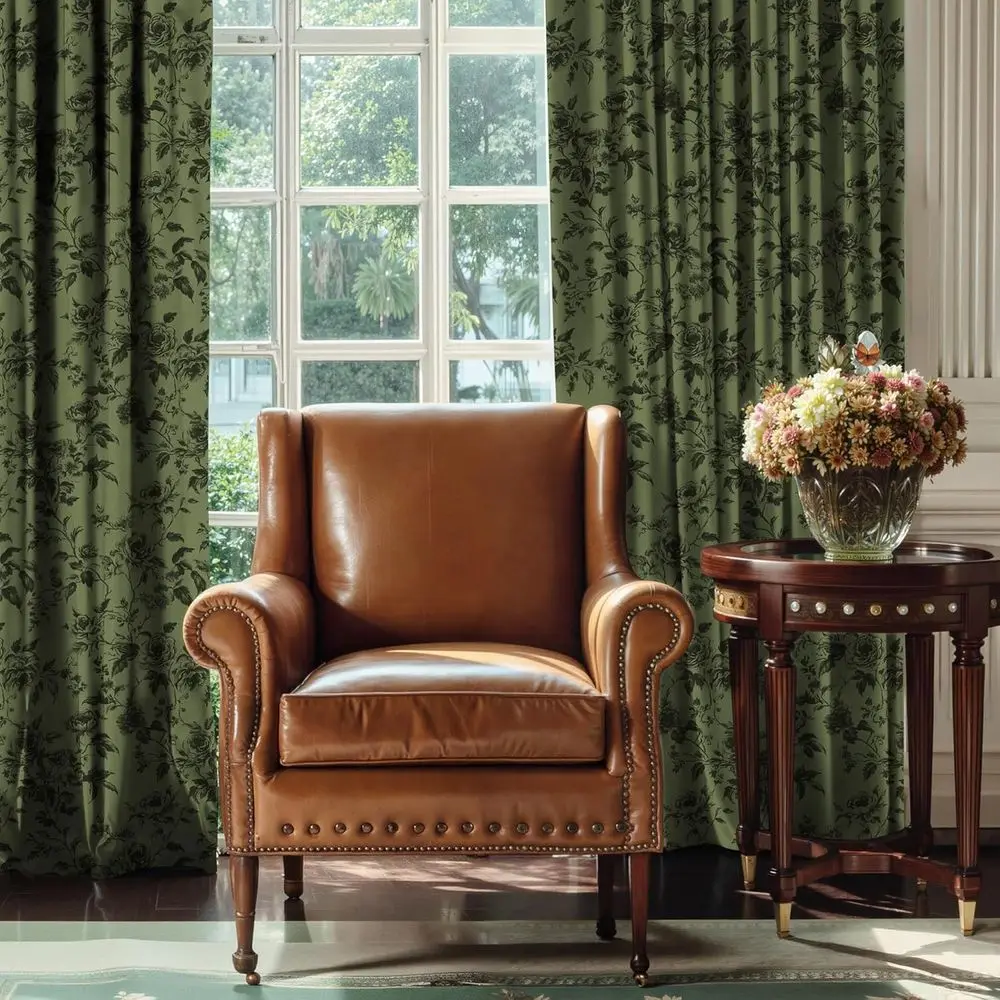 빈티지 플로럴 84 열 차단 올리브 그린 벨벳 커튼, 가정용, 50x84, 2패널 세트