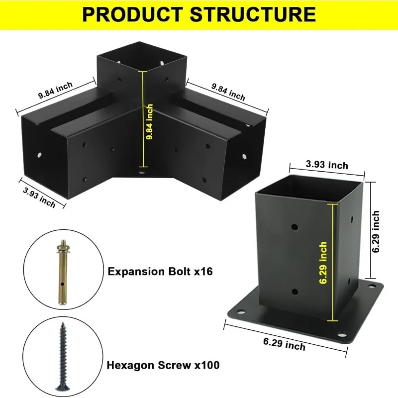 3-Way Right Angle Support Bracket Heavy Duty Elevated Wood Connector 4x4 Lumber Structural Hardware Kit for Outdoor Wooden Frame
