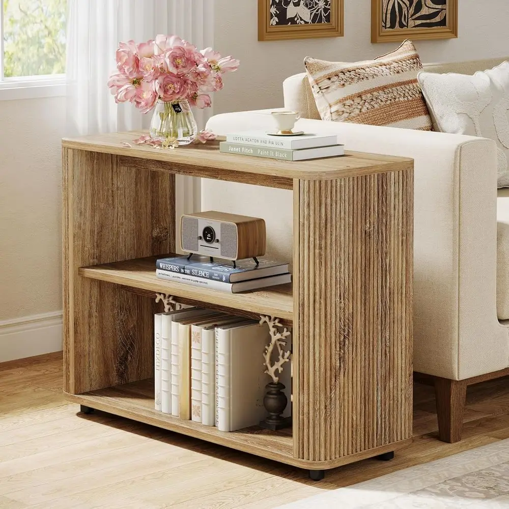 

Natural Narrow 3-Tier Fluted End Table, Farmhouse Bedside Table with Storage Shelves for Living Room Bedroom Small Spaces