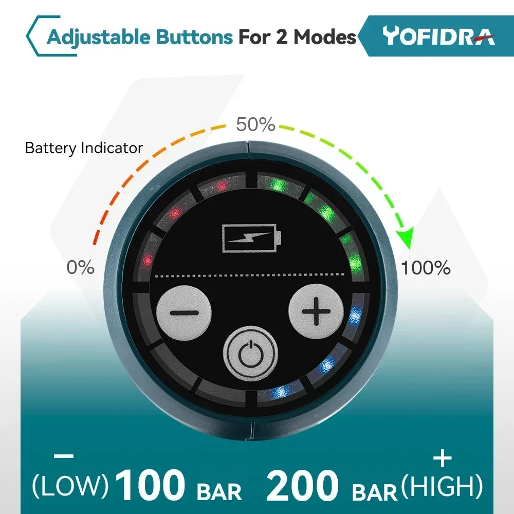 YOFIDRA 200Bar Brushless Electric High Pressure Water Gun Household Garden Cordless Rechargeable Tools For Makita 18V Battery