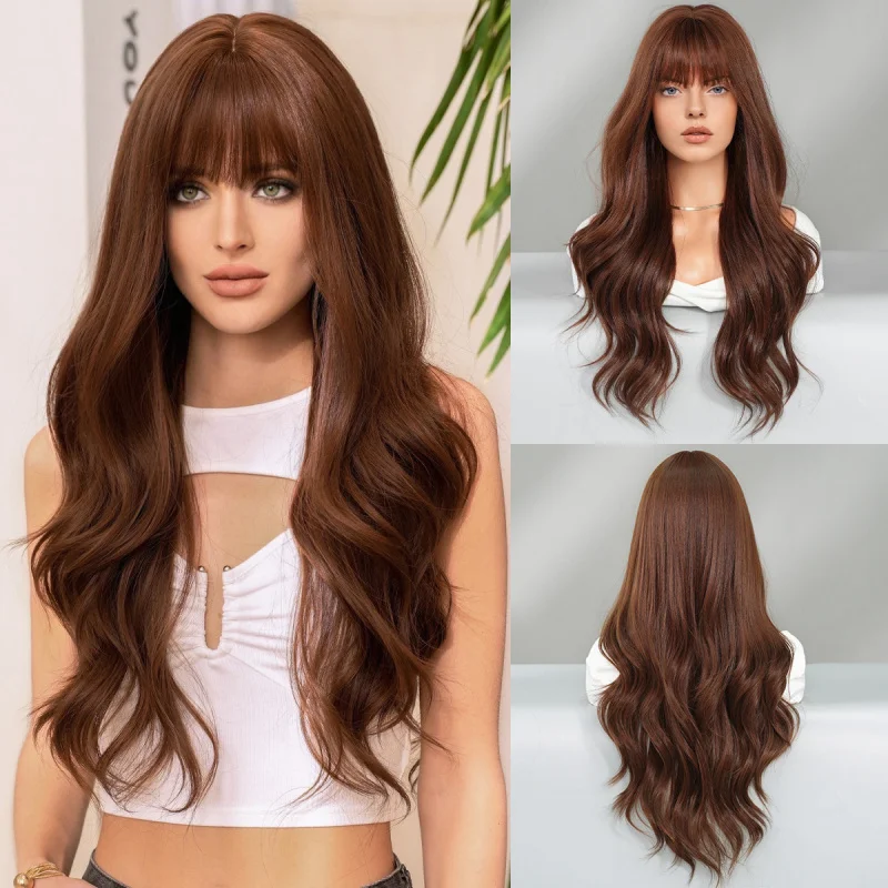 

Women's long curly hair wig in warm brown, suitable for daily use in all seasons, made of high-temperature fiber, full head cove