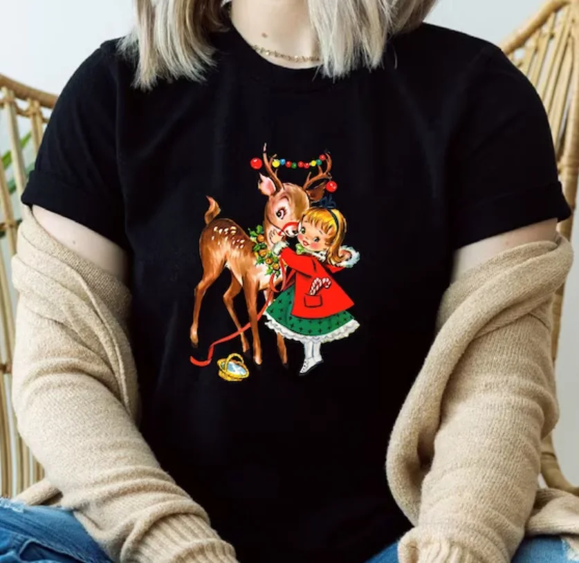 Vintage Christmas Girl And Reindeer Shirt, Retro 1950'S Kitsch Holiday Gift