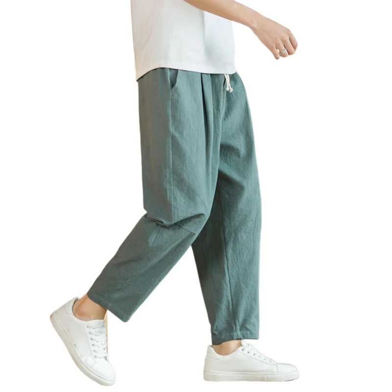 Streetwear Men Cotton Trousers Casual Solid Color Long Pants Breathable Drawstring Straight Pants Harem Pants Men Baggy Pants