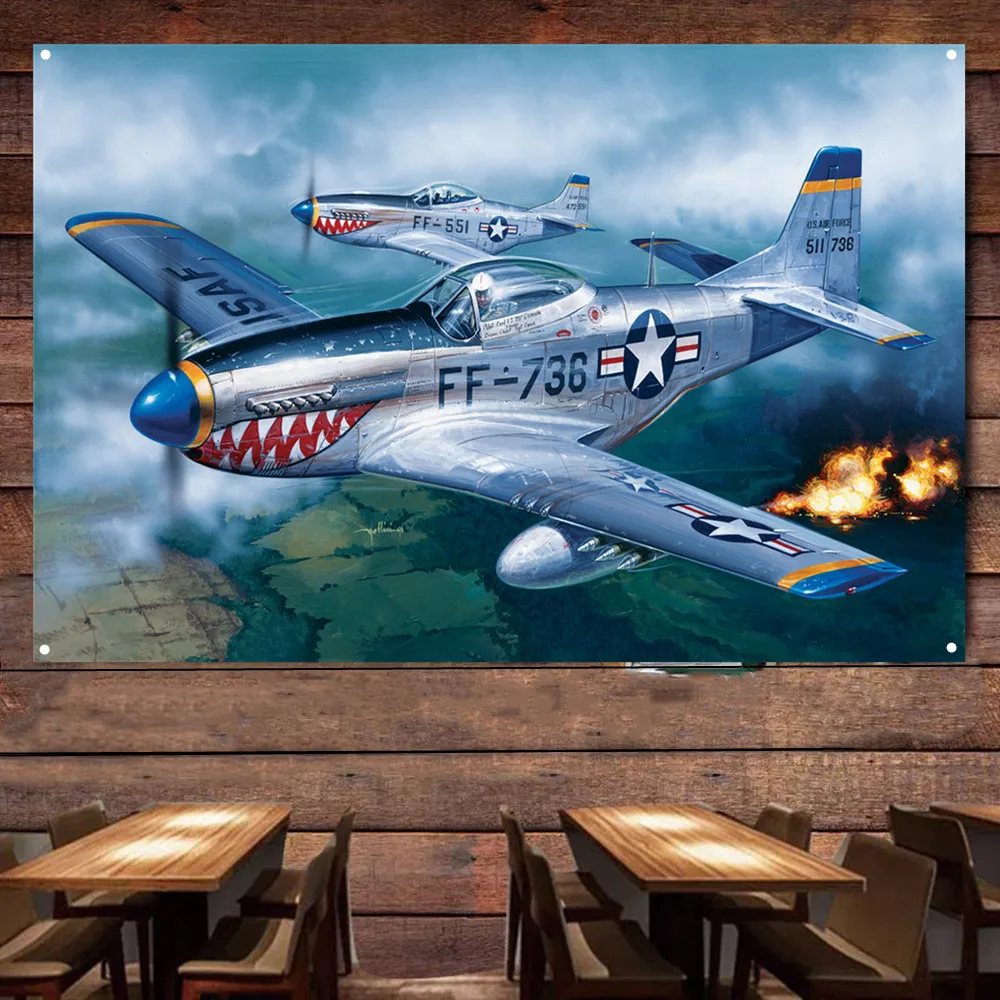 P-51D Mustang Fighter Jet Posters Wall Art Flag USA  Air Force Attack Aircraft Military Art Tapestry Home Room Wall Decor Banner