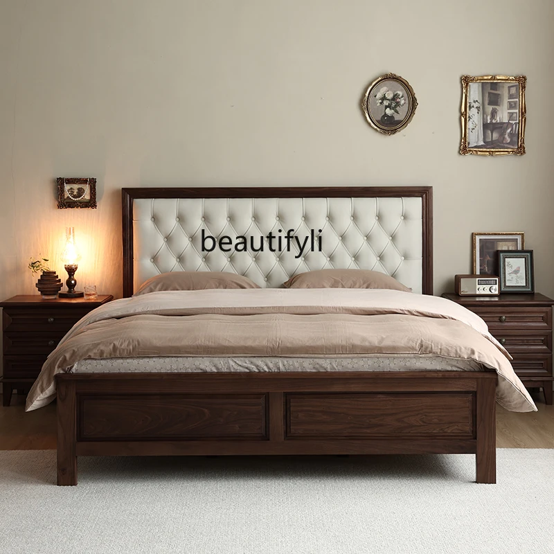 

American solid wood bed North American black walnut double retro leather soft back master bedroom large back bed