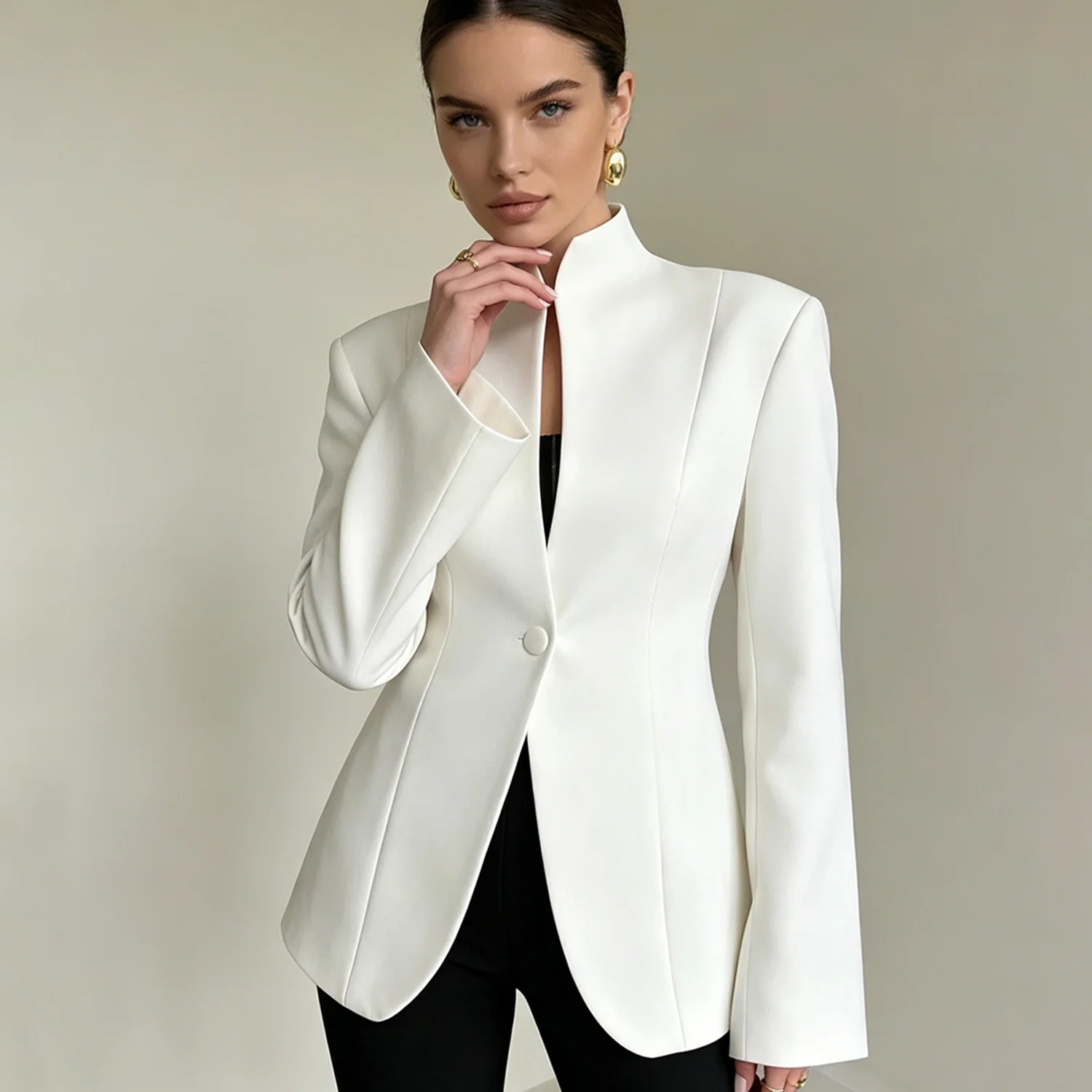 PUAL Women 2026 Fitted Blazer, High Neck Single Button Jacket, Elegant Tailored Coat for Work & Events