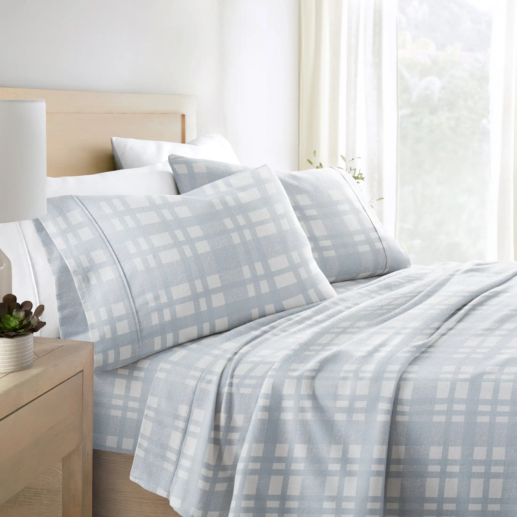 

Light Blue Woven 4 Piece 100% Cotton Flannel Deep Pocket Sheet Set, Queen, by