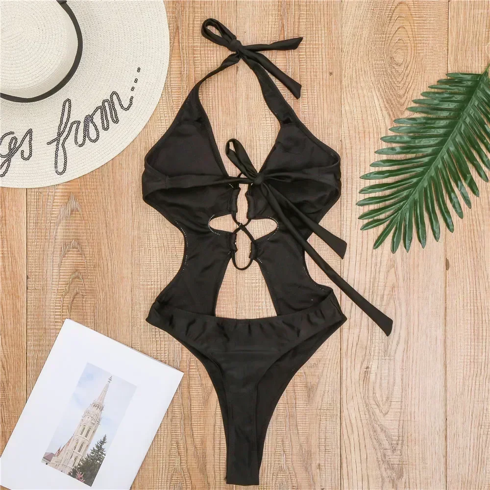 Sexy Hollow Cut Out Halter Swimwear One Piece Monokini Swimsuits Women Bathing Suit Bathers Black Swim Swimming Suits 2024 New