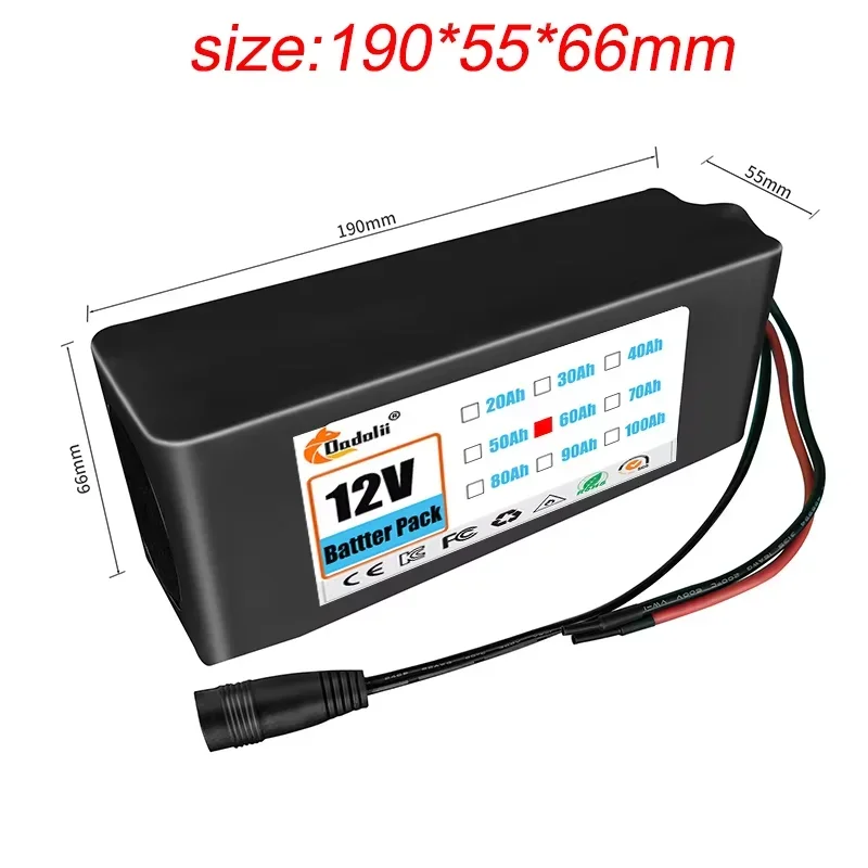 12V 3S10P 60AH Rechargeable Battery Pack 18650 Portable Li-ion Battery DC 12V 60000mAh with BMS Battery Pack+3A Charger